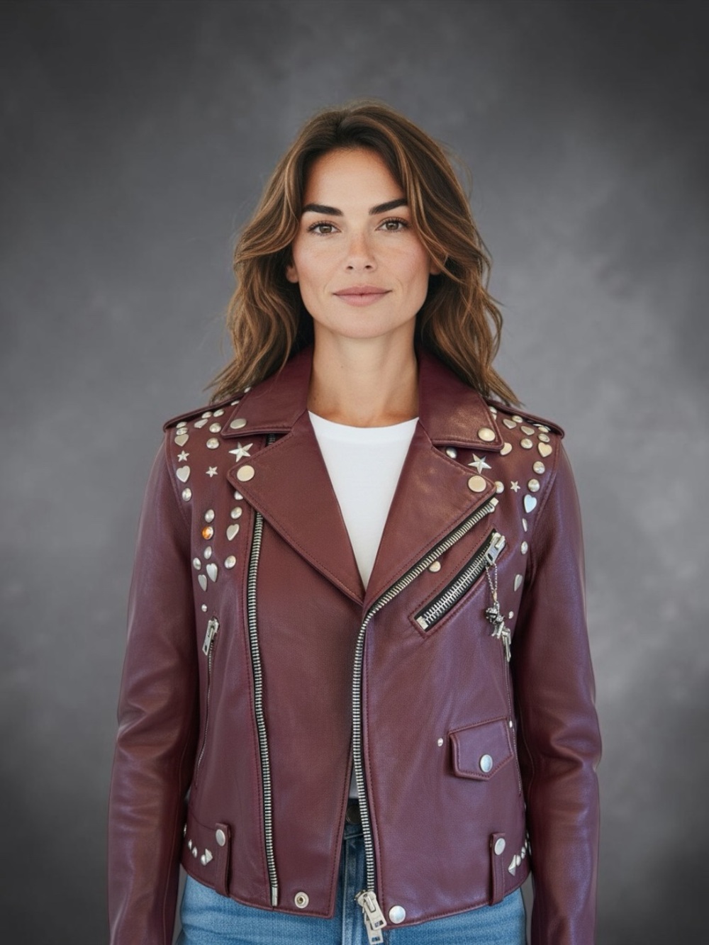 Coach Women's Burgundy Leather Studded Moto Jacket